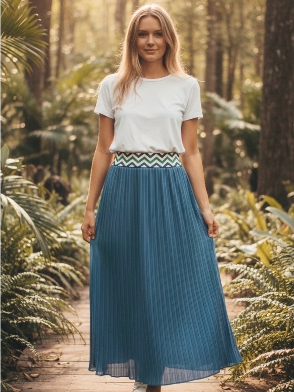 Anthropologie Lucy & Laurel Teal Maxi Skirt w Chevron Waistband, Lined. Large.